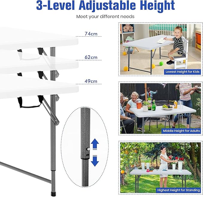 Camping Table Folding Camping Table 3-Level Adjustable Height Party Picnic Table with Carrying Handles Portable Outdoor Indoor BBQ Dining Table 150kg Load Capacity