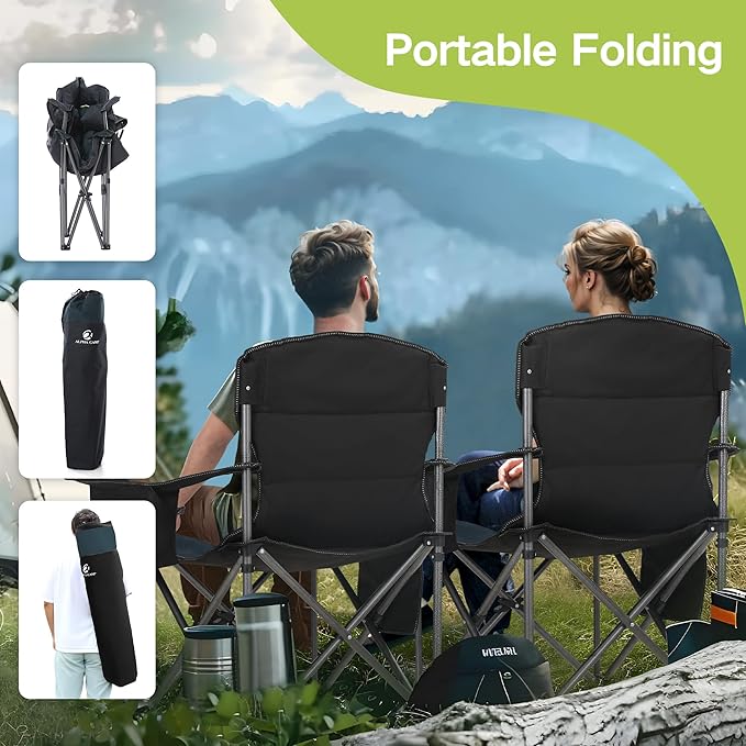 GREEN PARTY Folding Camping Chair Oversized Heavy Duty Lawn Chair with Cooler Bag Cup Holder Storage Pocket Collapsible Padded Outdoor Arm Chair Quad Lumbar