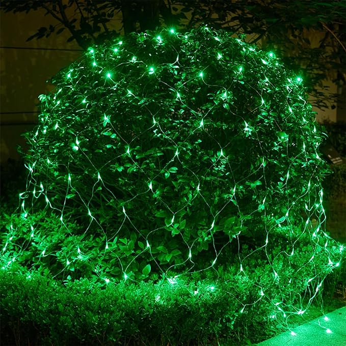 WATERGLIDE Outdoor Christmas Net Lights 12FT x 5FT 360 LED Mesh String Light with 8 Lighting Modes Connectable Waterproof Lights for Garden Tree Bushes St. Patrick's Day Party Decorations Green