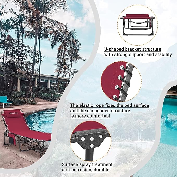 KingCamp Chaise Lounge Outdoor 5-Position Adjustable Patio Lounge ChairFolding Tanning Chair for LawnBeachPool and SunbathingPortable Heavy-Duty Camping Reclining Chair with Pillow (2 Wine)