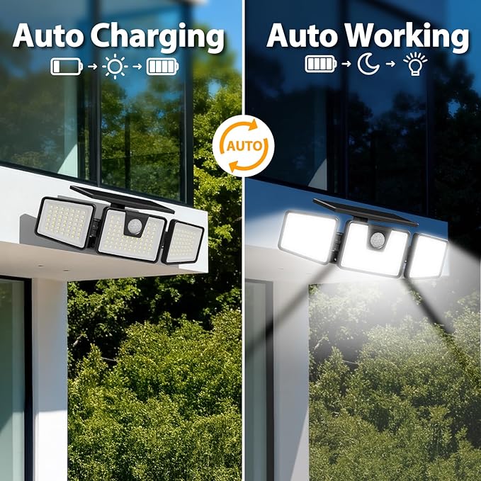 INCX Solar Motion Sensor Lights Outdoor 3 Heads Security Lights Solar Powered 156 LED Flood Light Motion Detected Spotlight for Patio Yard Garage Entryways IP65 Waterproof 4 Pack