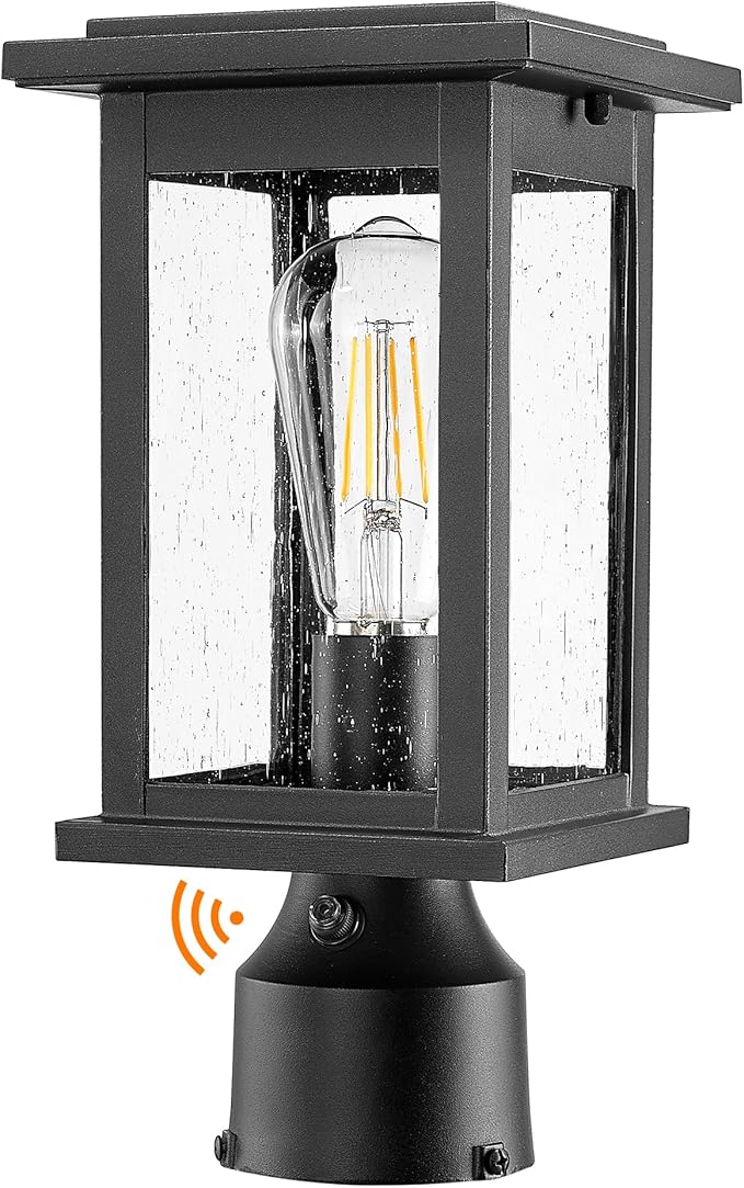 Emliviar Dusk to Dawn Post Light Outdoor 1-Light Exterior Pole Lamp for Porch Outside Pillar Lantern with Photocell Sensor Black Finish with Seeded Glass 1803EW1-P PC