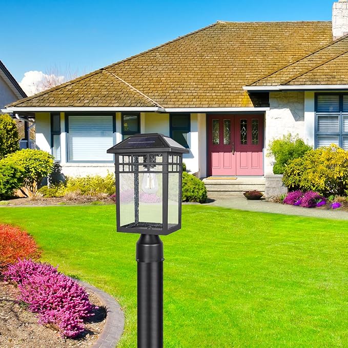 Solar Outdoor Post Light Fixture Modern Exterior Pillar Lantern with Black Finish &amp Seeded Glass Dusk to Dawn Outside Pole Light for Garden Backyard Courtyard Patio Pathway