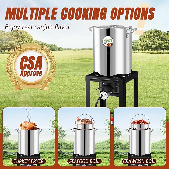 Stainless Steel 40QT Turkey Fryer Kit Waterproof Cover &amp 12-inch Skimmer 55000BTU Propane Burner Stove Turkey Fryer Pot Outdoor Deep Fryer Crawfish Boiler with 25QT Basket
