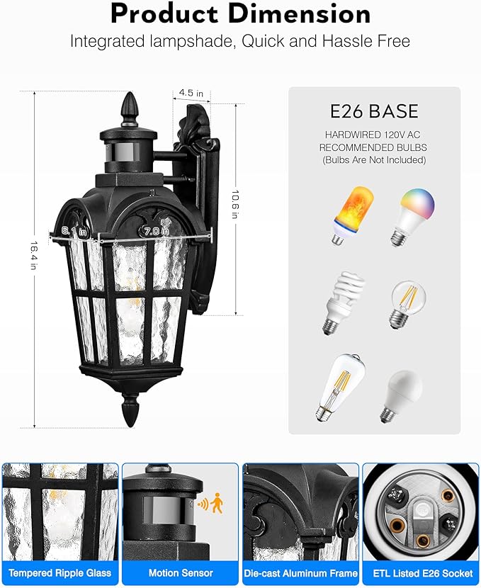 VIANIS Porch Lights Outdoor Motion Sensor Black Dusk to Dawn Outdoor Garage Lighting Fixtures Aluminum Waterproof Outside Sconce Lights with Ripple Glass Coach Light Wall Mount for House Doorway