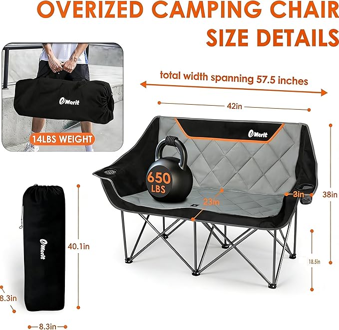 EMERIT Oversized Fully Padded Camping Chair Heavy Duty 650LB Folding Camping Loveseat Quad Fold Double Camping Couch with Cup Holders &amp Carry Bag for Outdoor Lawn Sports Events | HIgh Back Ri