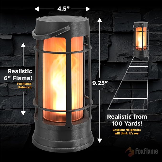 FoxFlame Metal Outdoor Solar LanternFlickering Solar Lanterns Outdoor Waterproof with Patented LEDOutdoor Lanterns for PorchPatioGardenTabletopHanging UseMatte Black(2 Pack)