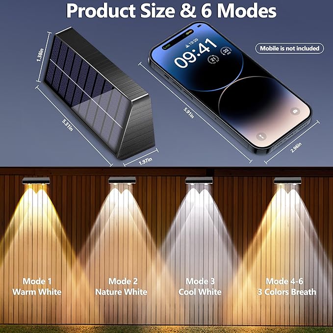 Brizled Solar Fence Lights Outdoor 6 Modes 2700/4500/6500K 250ml Fence Solar Lights IP65 Waterproof Outdoor Wall Light Landscape Lighting for Backyard Garden Patio Deck Railing Wall Poolside 8 Pack