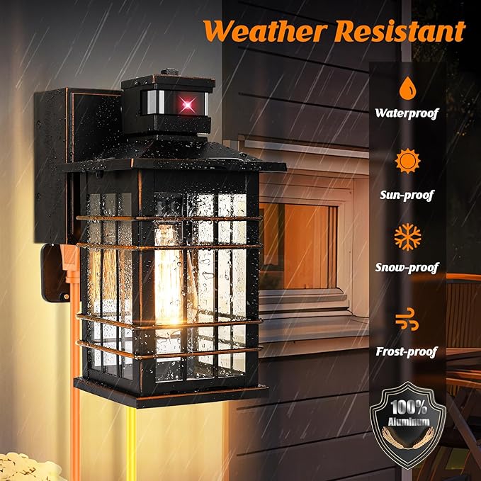 Porch Lights with GFCI Outlet 2-Pack Motion Sensor Dusk to Dawn Waterproof Outdoor Lights 3 Modes Oil-Rubbed Bronze Exterior Light Fixtures Wall Mount Outside Wall Lanterns for Front Door House