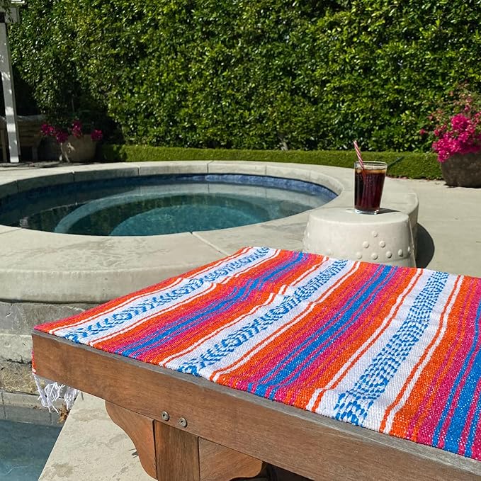 Del Mex Classic Mexican Blanket Large Authentic Woven Falsa Throw (70x50) Artisan Southwest Décor for Beach Yoga Outdoors (Orange/Pink/Blue)