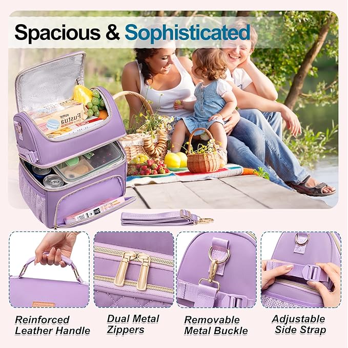 Lunch Bags for Women Dual Compartment Lunch Box Lunch Bag for Work Leakproof Lunch Cooler Large Insulated Lunchbox for Adult for Women Men Lunchbag for Picnic Beach (Purple)
