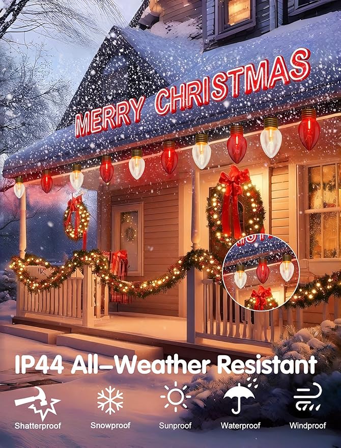 16FT Outdoor Christmas DecorationsJumbo Red and White Giant Christmas Lights Outdoor with 10 LED Clear Red and White Bulbs for Tree Holiday Home Roof Yard Garden Decorations