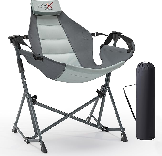 Hammock Camping Chair 3 Heights Swinging Chair with Adjustable Backrest Folding Rocking Chair with Head Pillow&ampCup Holder Outdoor Chair for Camping and Hiking Supports 350lbs Grey