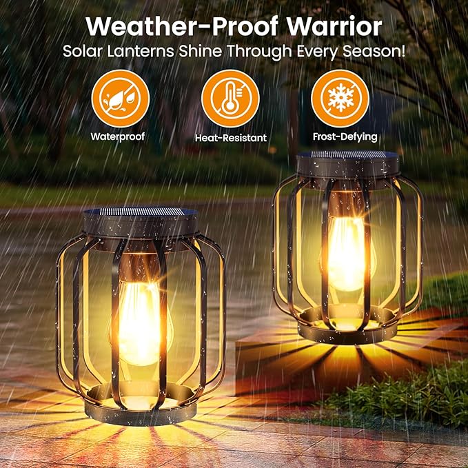 Solar Lanterns Outdoor Waterproof 4 Pack 14.37'' Metal Hanging Solar Lights for Outside with Auto On/Off &amp Hook - Brighter Hanging Outdoor Lanterns Decorative Lighting for Garden Patio Yard