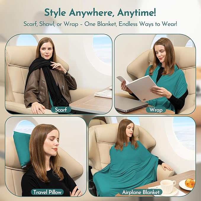 16-in-1 Compact Travel Blanket with Bag – Reversible Ultra Soft Bamboo Airplane Blanket with Hidden Pocket – Packable for Flights &amp Travel Essentials (Semi-Weighted Double Layer)