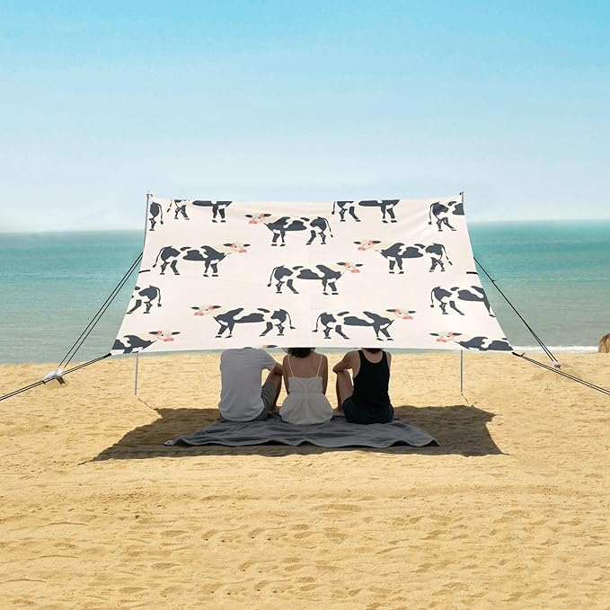 Cow Pattern Beach Tent Sun Shelter 9.2' x 10.5' Beach Canopy with 4 Sandbags 4 Stability Poles Sand Shovels - Tent Canopy for Beach Camping Fishing Picnics