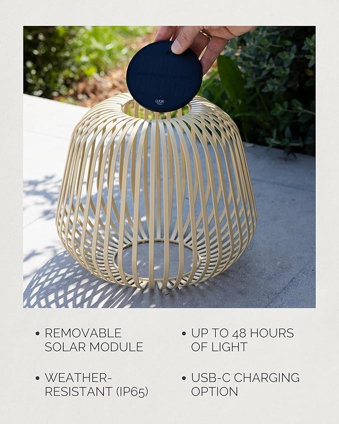 LUUK Studio Solis Wireless Solar LED Ambient Lamp Warm White Indoor Outdoor Cordless Lighting Rust-Resistant Ideal for Patio Garden Bedroom USB-C Rechargeable Soft Cozy Style Sand Size M