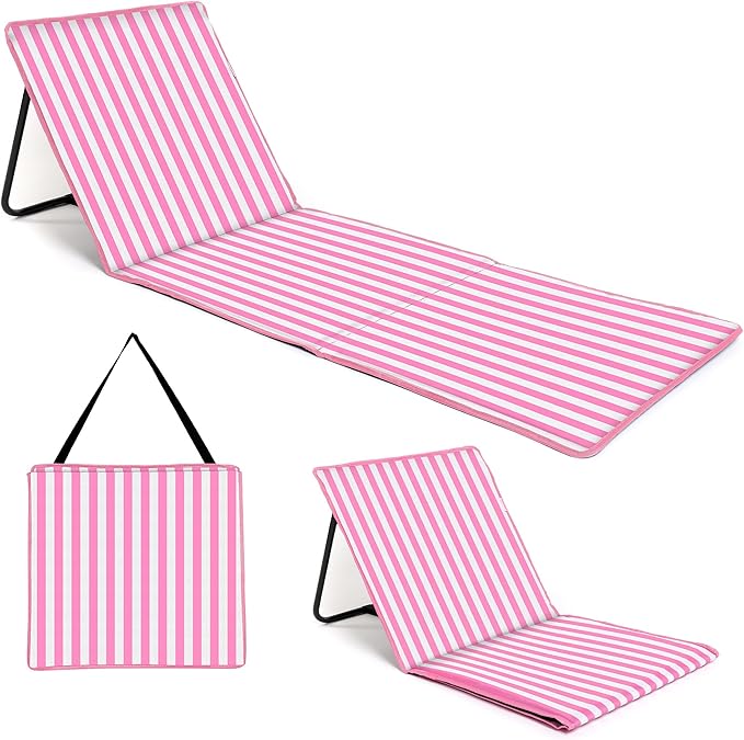 just be... Beach Sun Mat Folding Lightweight Portable Adjustable Sunbathing Recliner with Backrest Support and Valuables Pocket for Holidays Garden Camping Park Festivals - Pink Stripes