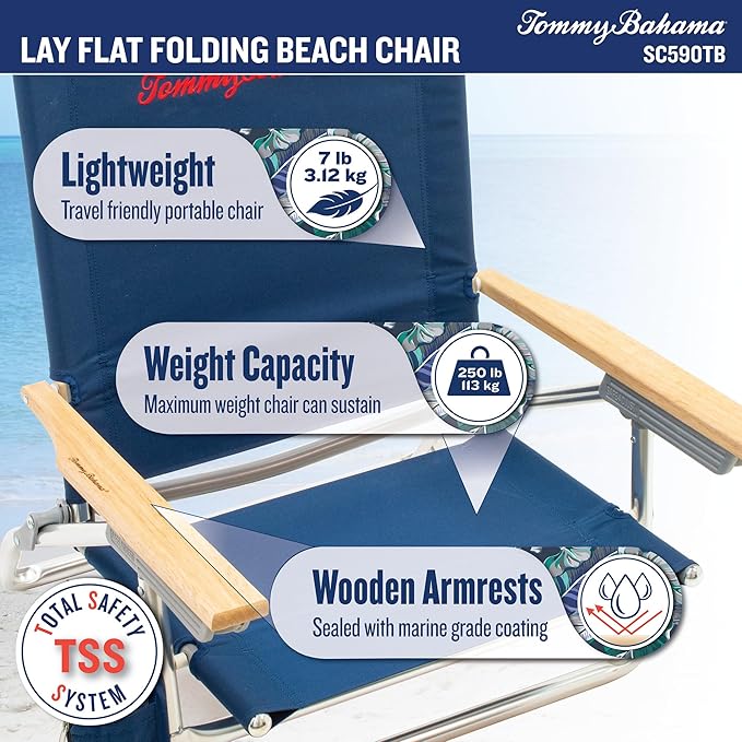 Tommy Bahama 5-Position Lay Flat Cup Holder and Towel Bar Beach Chair