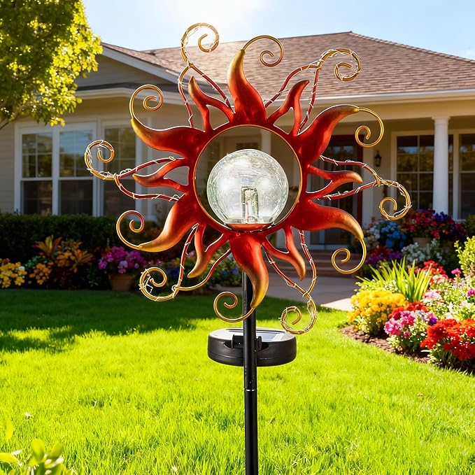Solar Lights Outdoor Waterproof Red Sun Metal Crackle Glass Stake Decorative for OutsideYardLawnPatioWalkway Mothers'Day Gifts Mom Grandma Garden Lover