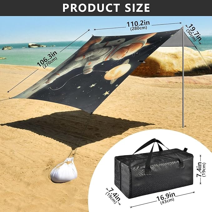 ALAZA Cat Kitten Astronaut Beach Tent Sun Shelter UPF50+ Protection Beach Shade Canopy w/ 4 Sandbags for Outdoor Camping Fishing Backyard Fun Picnic 10x9 ft