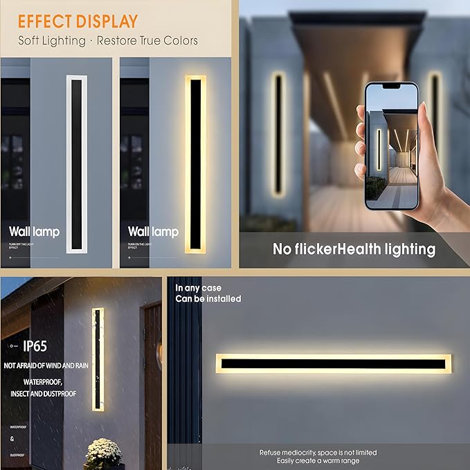 2Pack 39inch Long Outdoor Modern LED Wall Light30W Waterproof IP65 Warm White 110V led Wall Mount Lighting Fixture Rectangular Black Wall Lights Elegant Frosted White Acrylic Anti Rust