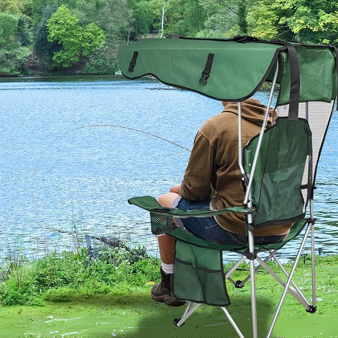 Portable Camping Chair with Canopy Shade- Folding Camping Lounge Chair with Cup Holder &amp Side Pocket for Outdoor Camping Fishing Beach - Support 330 LBS (Green)