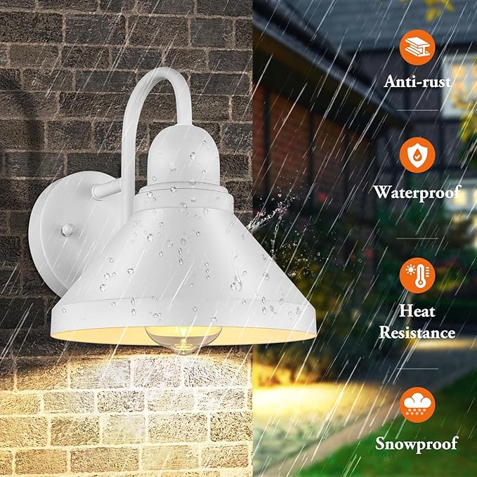Brightever Gooseneck Outdoor Wall Lanterns Pack of 2 Exterior Light Fixtures Anti-Rust Outside Barn Wall Mount Sconces Waterproof White Patio Wall Lamps for House Front Door Bulb Excluded