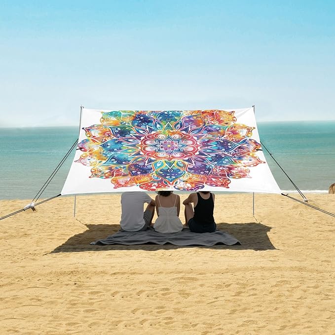 ALAZA Mandala Tie Dye Beach Tent Sun Shelter UPF50+ Protection Beach Shade Canopy w/ 4 Sandbags for Outdoor Camping Fishing Backyard Fun Picnic 10x9 ft