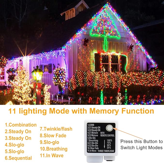 Haili 1000 Led Christmas Lights Plug in 8 Lighting Modes Waterproof Outdoor Christmas Lights for Tree Yard Party Indoor Outside Decorations (393FT Color Changing)