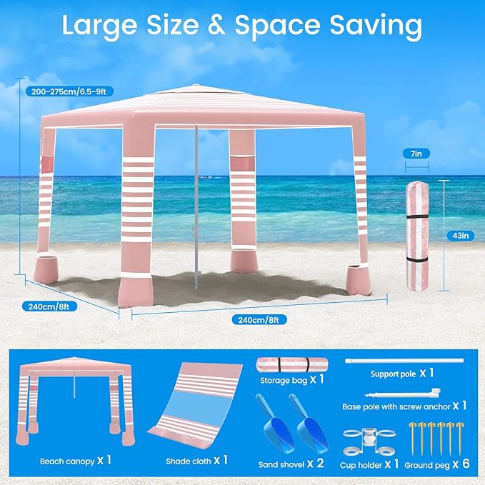 MoKo Beach Cabana 8'×8' Large Beach Canopy with Side Wall UPF 50+ Protection Easy Setup Beach Tent Sun Shelter Adjustable Height Wind Resistant Cabana Beach Tent for Whole Family Pink Stripe