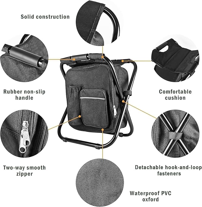 Out&ampAbout 3-in-1 Backpack Stool Cooler Chair 400 LBS Max Load Portable Folding Fishing Cooler Stool - Black