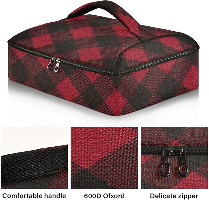 Casserole Carrier Red Black Plaid Insulated Casserole Carrier for Hot or Cold Food Thermal Lunch Tote for Parties Picnic Travel Carry Bag