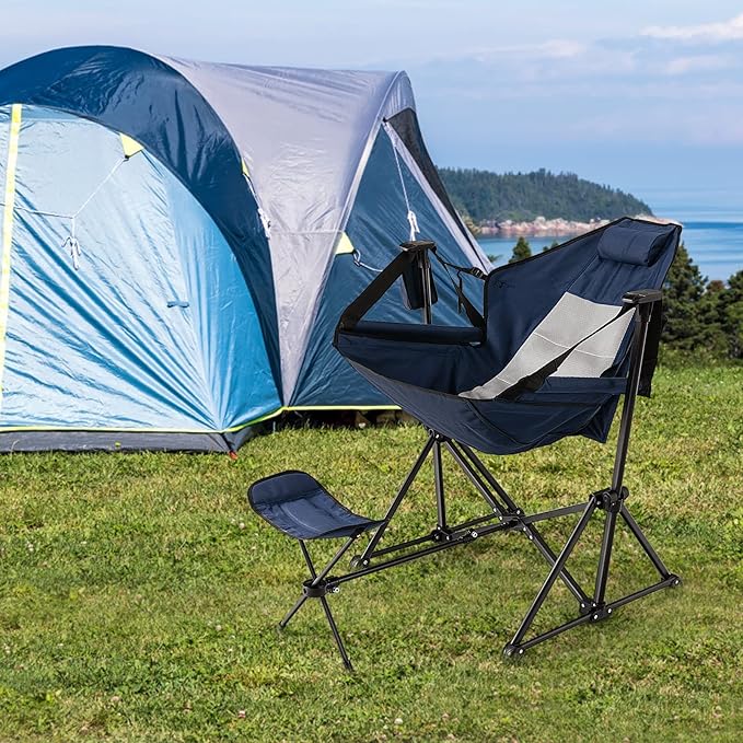 KOTEK Hammock Chair Portable Camping Chair with Retractable Footrest Adjustable Backrest Headrest Cup Holder &amp Carry Bag Folding Rocking Chair for Outdoor Lawn Patio Travel Picnic Fishing (Na