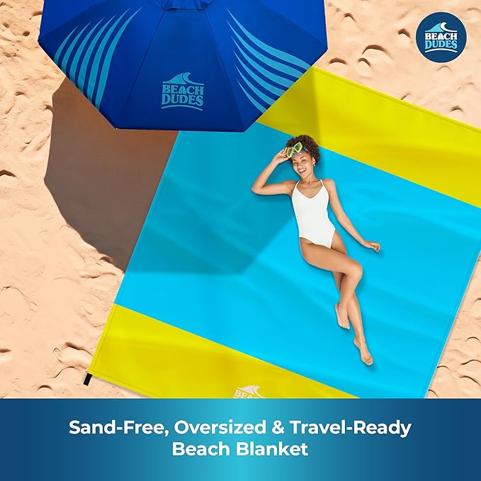 Sunny Day Oversized Beach Blanket - 108x84 XL Sandproof Water-Resistant Picnic Mat | Lightweight Ripstop Nylon for Travel &amp Camping | Includes 4 Stakes and Carry Bag