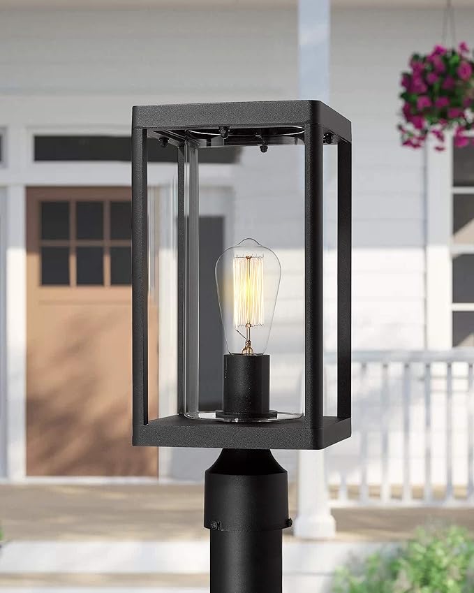 Beionxii Outdoor Post Lantern 20inch Large Modern Lamp Post Light Fixture Exterior Pillar Lights with Pier Mount Base Black Cast Aluminum w/Clear Cylinder Glass - A291P-2PK (NOT Solar 110-120V AC)