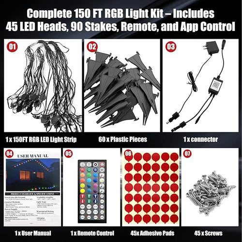 150 FT Permanent Outdoor Lights Waterproof 2-in-1 Eaves &amp Ground Stakes LED String Lights with App/Remote Control for House Garden– Smart Color-Changing Lighting for Halloween Christmas Decorati