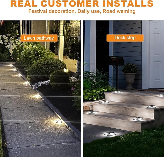 VOLISUN Solar Driveway Lights Dock Marine Lights 12 Pack2 Colors in 1Outdoor IP67 LED Deck LightSolar Powered Waterproof Warning Step Light for Driveway Sidewalk Pathway (White/Warm White)
