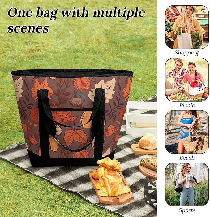 Insulated Shopping BagLarge Reusable Cooler Bags Fall Printed Foldable Shopping BagTravel Waterproof Shoulder Bag
