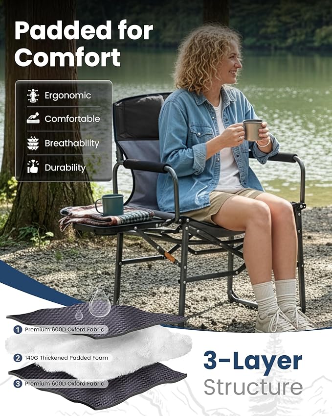 KingCamp Oversized Camping Directors Chair with Side Table Compact Design Heavy Duty 440lbs Folding Portable Padded Camp Chairs with Extra Wide Seat &amp Anti-Sag Fabric for Outdoor Fishing Sports