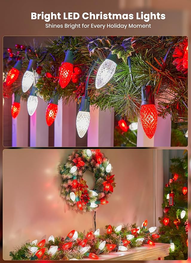C9 LED Christmas Lights Outdoor with Stakes 25.7 Feet 20 LED C9 Strawberry String Lights Connectable Shatterproof Pathway Lights Marker for Path Lane Patio Xmas Holiday Decorations Red and White