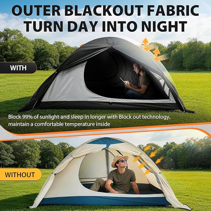GEERTOP 2 Person 4 Season Blackout Camping Tent - Sleep in Darkroom Waterproof Rainfly Snow Skirt Lightweight Aluminum Pole Easy Setup for Hiking Mountaineering Family Camp