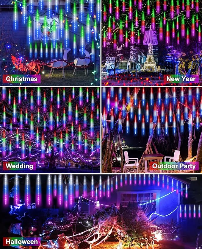 Christmas Meteor Shower Lights 20 in 20 Tube Automatic Changing Cascading Rain Lights with 12 Modes Waterproof Outdoor Xmas Decor for House Yard Wedding Party