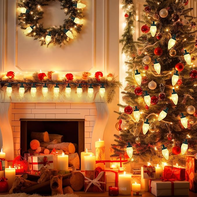 Brightever C9 Battery Christmas Lights 35FT 50LED Christmas Tree Lights Indoor with Timer &amp 8 Lighting Modes Waterproof Battery String Light for Party Wedding X-mas Decoration Warm White 1-Pac