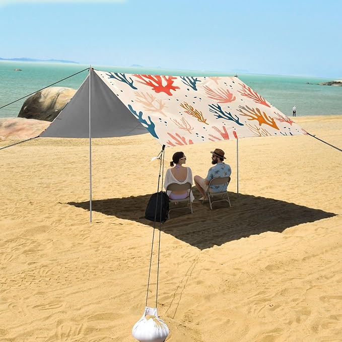Sea Corals on A Beige Background Camping Sun Shelter Beach Tent Portable Beach Sun Shade Outdoor Canopy for Camping Trips Fishing Picnic