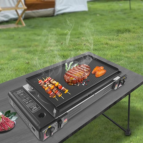 2 Burner Butane Stove Butane Camping Stove with Grill Tray and Carrying Case Portable Camping Stove Outdoor Travel Gas Stove for Camping Home BBQ