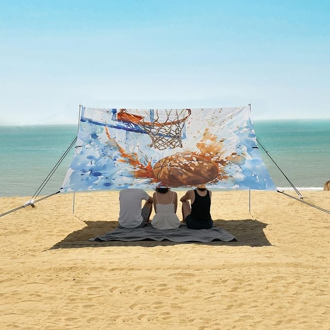 ALAZA Basketball Basket Watercolour Beach Tent Sun Shelter UPF50+ Protection Beach Shade Canopy w/ 4 Sandbags for Outdoor Camping Fishing Backyard Fun Picnic 10x9 ft