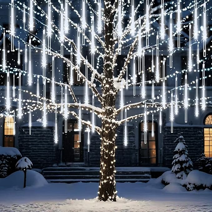 Meteor Shower Lights Outdoor Christmas Lights 24-Tube 576LEDs Snow Falling Rain Cascading Icicle String Light for Xmas Tree Christmas Decorations Wedding Party Holiday Yard Garden Decor UL Plug White