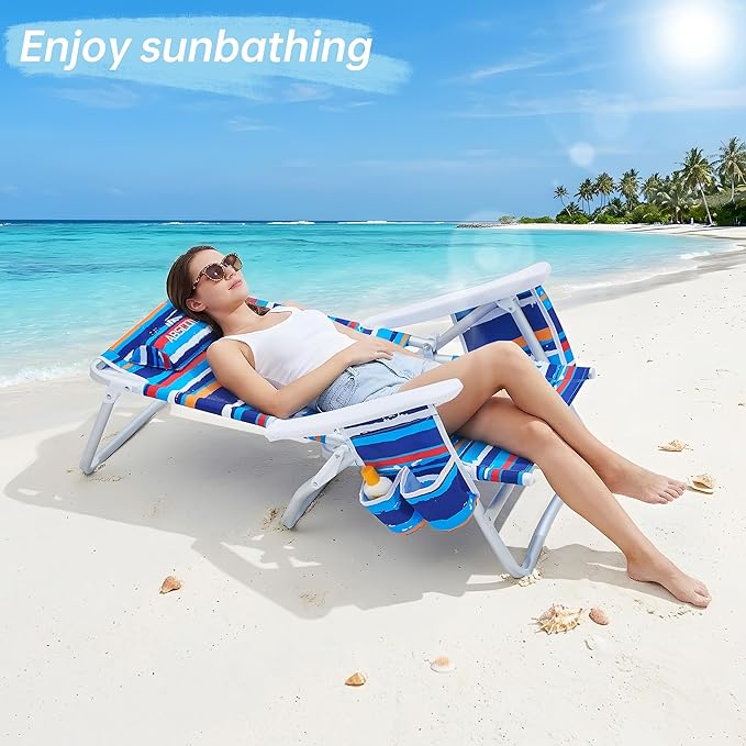 Beach Chair Beach Chairs for Adults 2 Pack Outdoor Folding Beach Chairs for Adults Supports up to 350lbs with 5 Positions Towel bar Cooler Pouch Storage Pouch.
