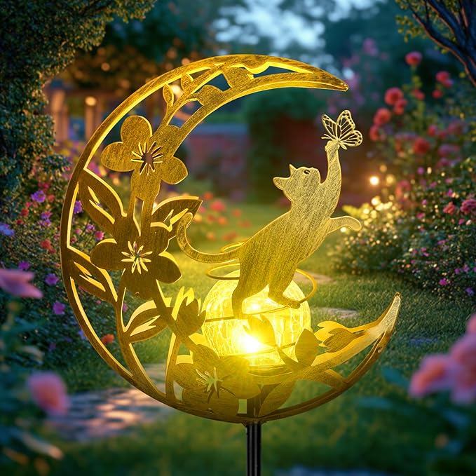 Cat Lights Outdoor Decor - Moon &amp Cat Sola Garden Lights Waterproof Auto On/Off Pathway Lighting for Yard/Lawn/Patio Handcrafted Metal Solar-Stake-Lights for Outside Decorations
